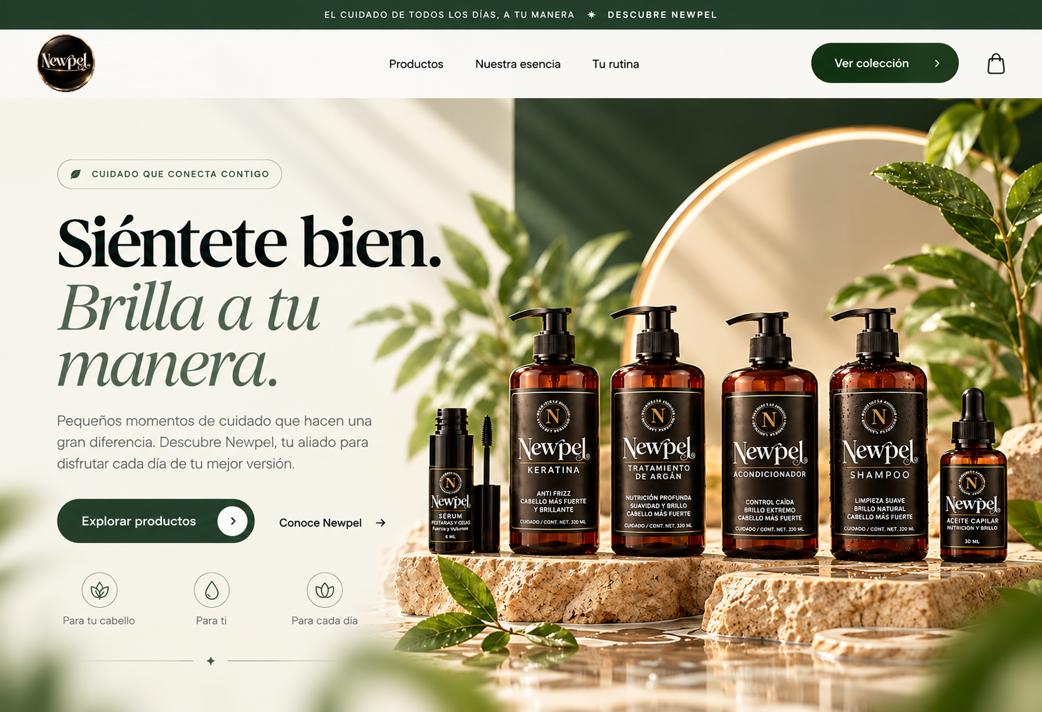 Newpel Beauty and Care. Siéntete bien, brilla a tu manera. Seis productos capilares en un ambiente natural.